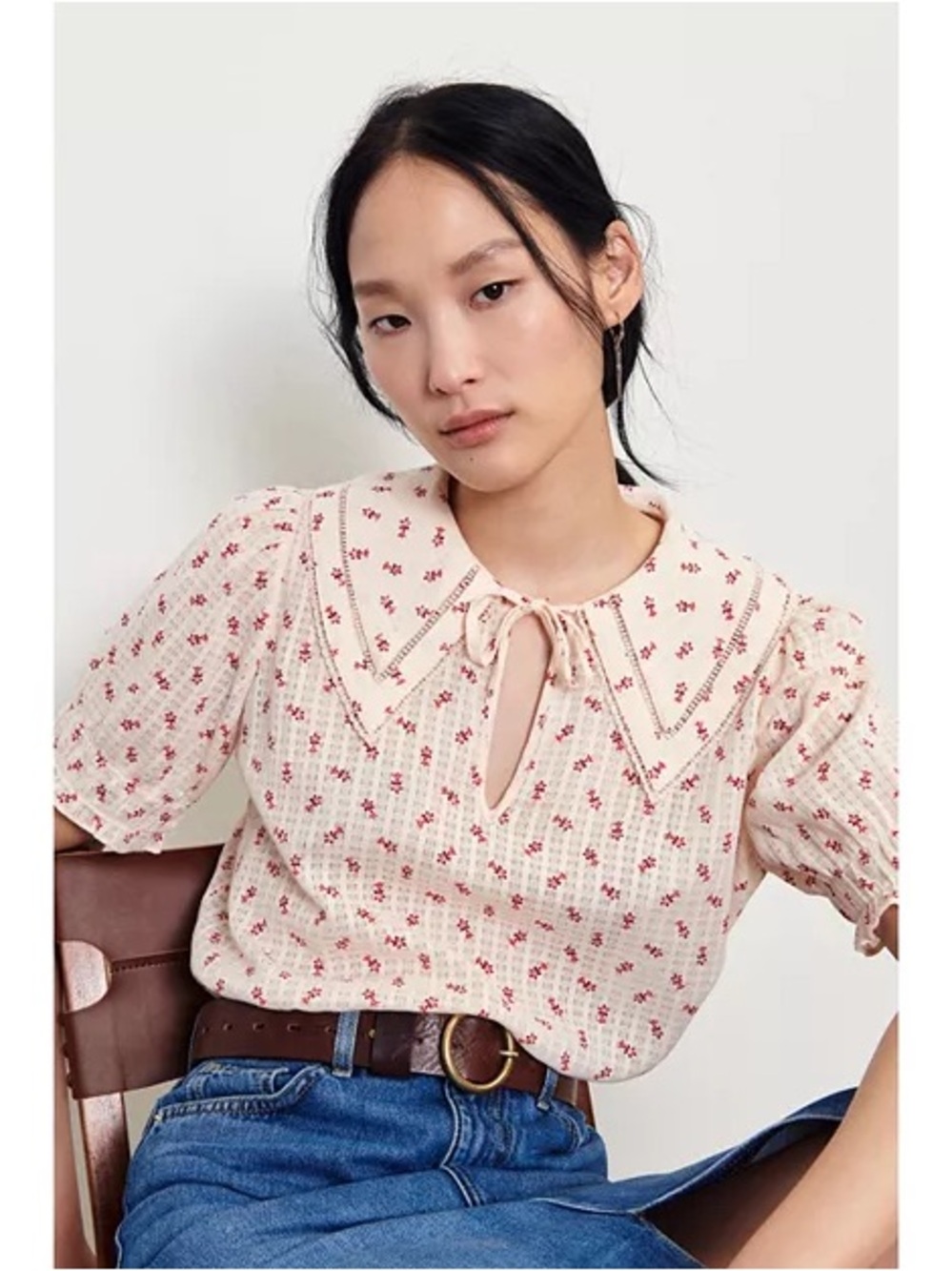ba&sh Cream Blouse with Red Floral Print and Peter Pan Collar - Picture 13 of 14